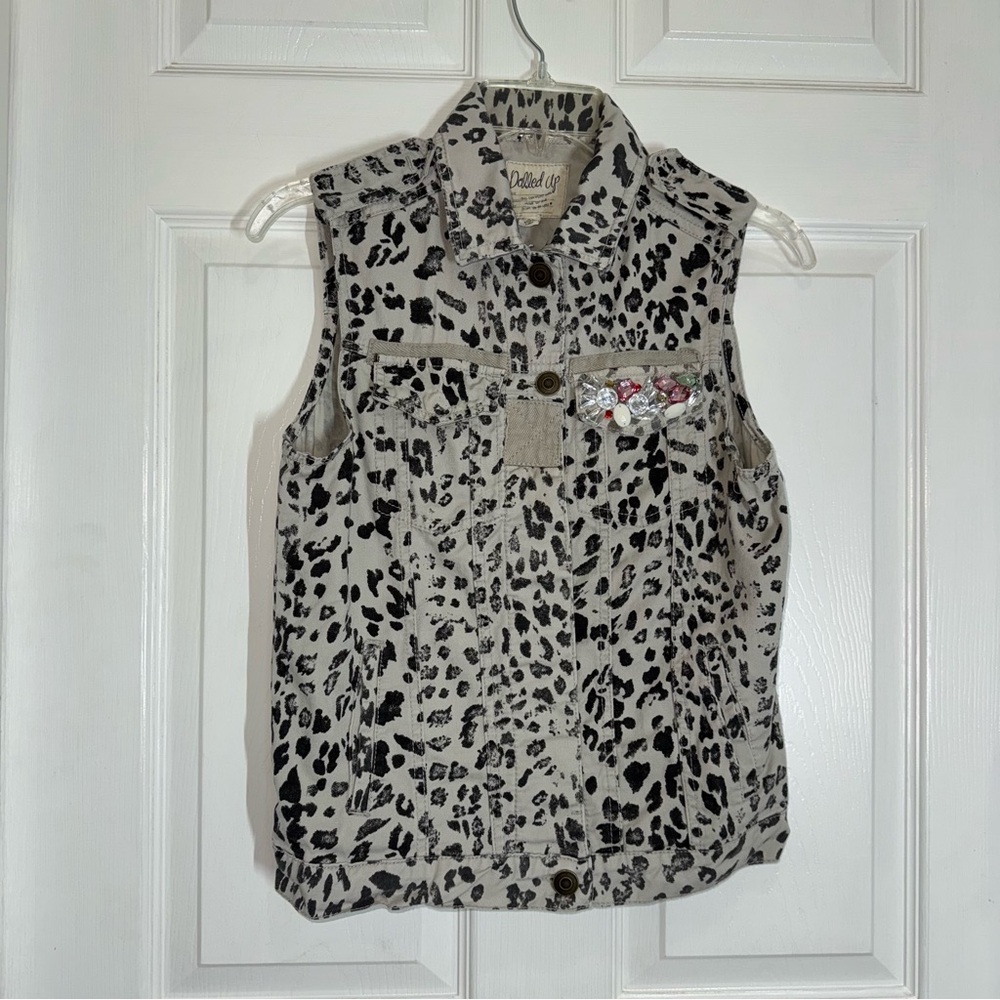 Dolled Up Gray and Black Leopard Print Patterned Vest with Rhinestones M - Picture 2 of 7